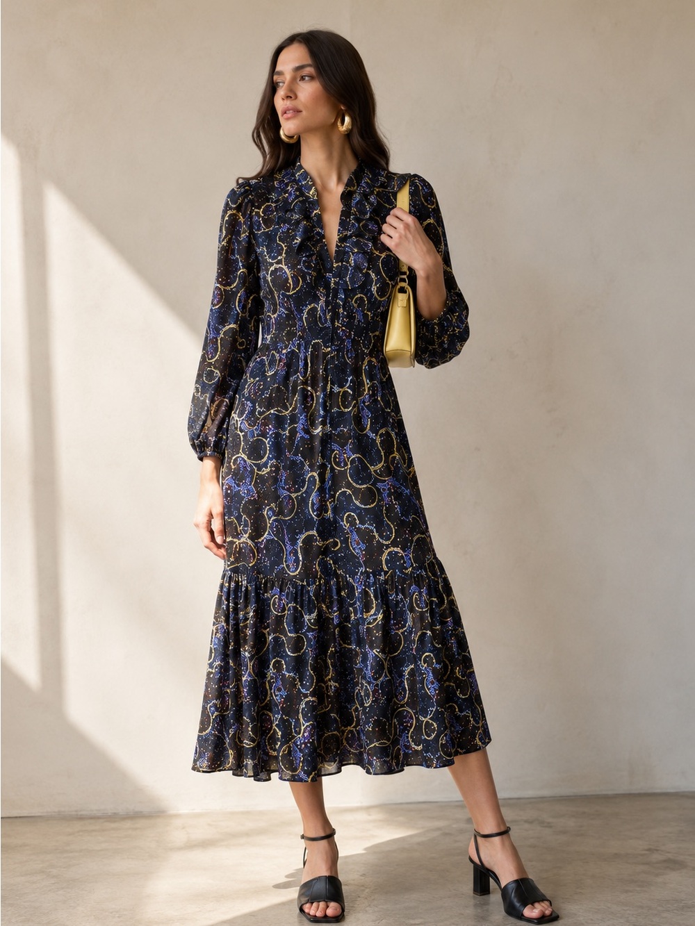 New! Saloni Ginny Midi Silk Crepe De Chine Dress in Cosmo Dancers 💫✨ US 4 NWT!